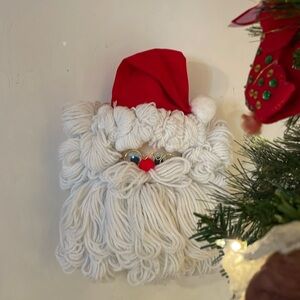 Vintage Handmade Yarn and Felt Bottle Santa Face Wall Decor